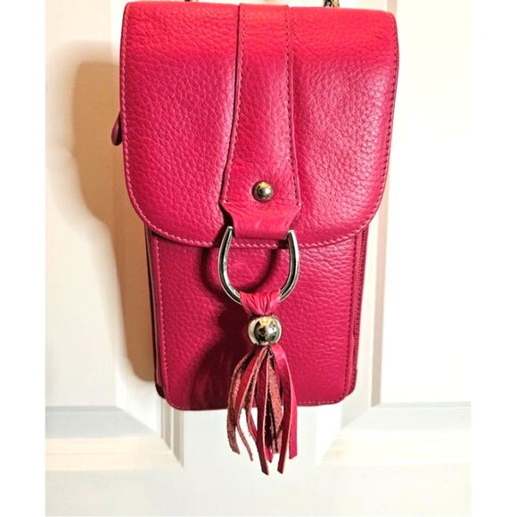 Genuine Pebble Leather Crossbody DK Pink 9"x5" Wallet  Phone Case 48" Strap New - Picture 1 of 10